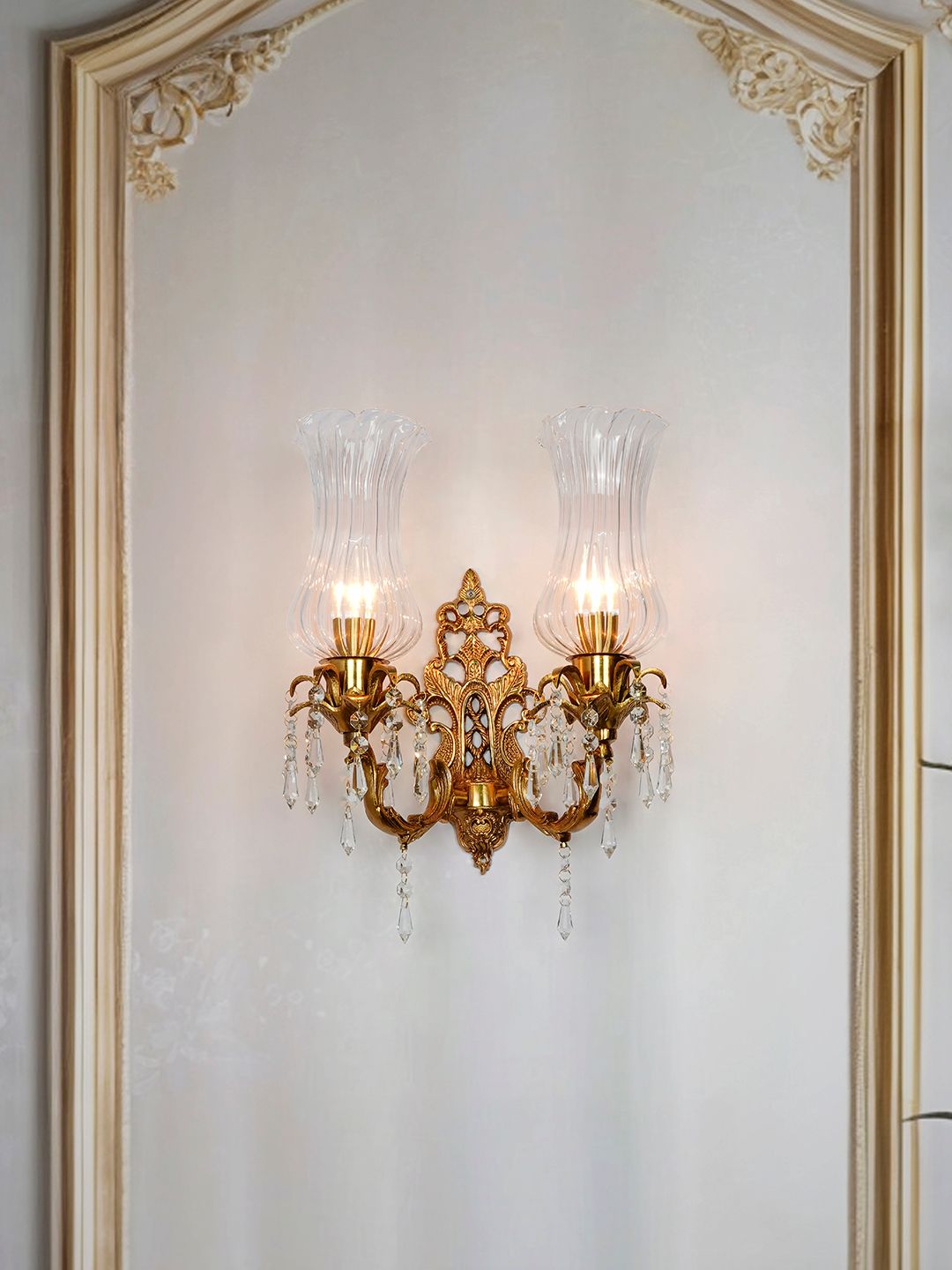 Elegant Double Brass Crystal Wall Sconce, Matt Finish, Classic Design Lighting