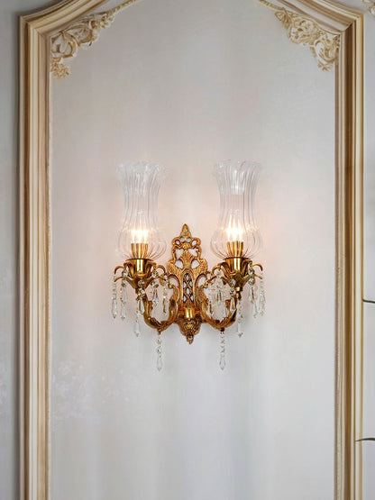 Elegant Double Brass Crystal Wall Sconce, Matt Finish, Classic Design Lighting
