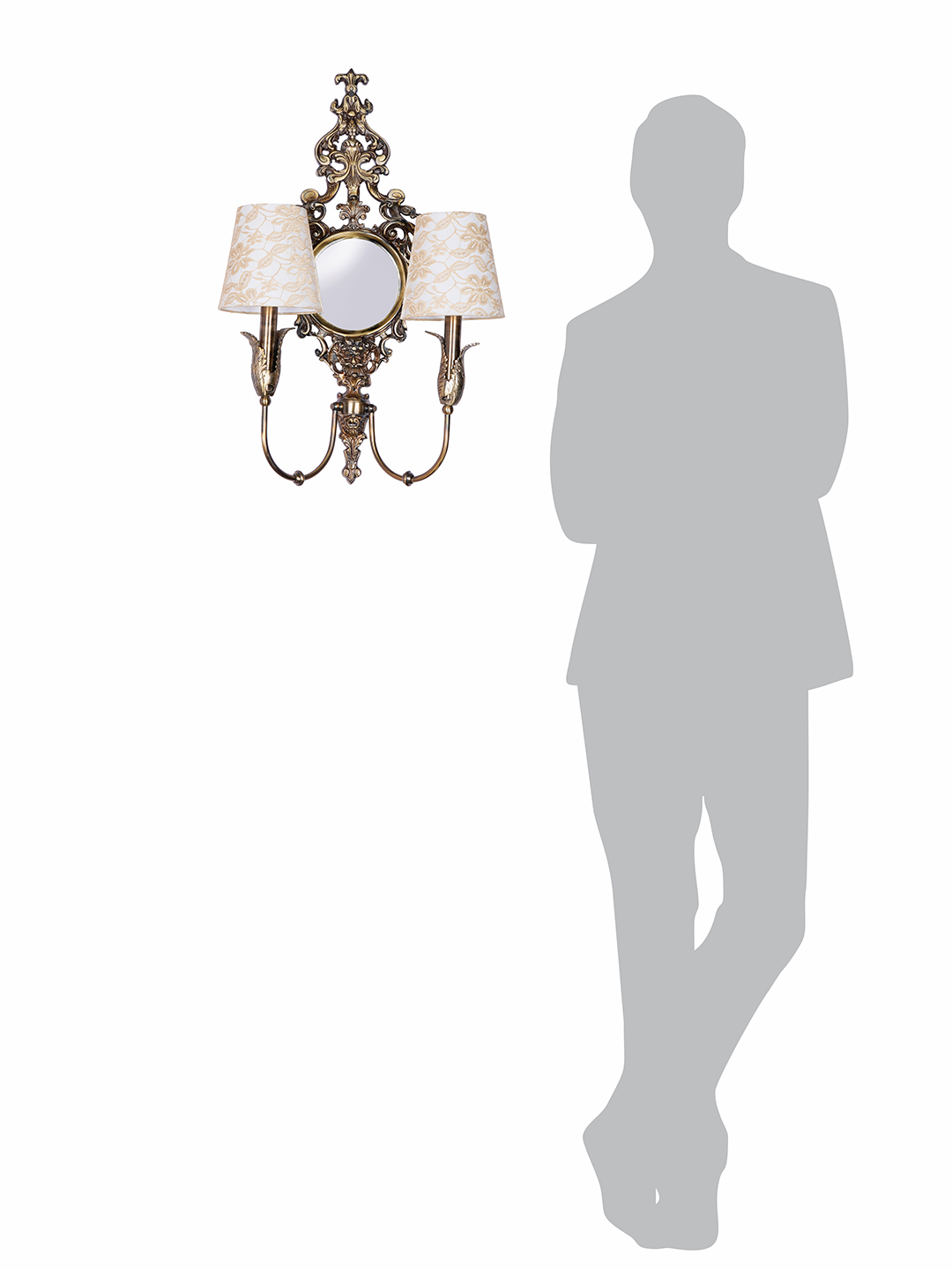 Opulent Vintage Antique Brass Wall Lamp with Mirror and Dual Lace Shades