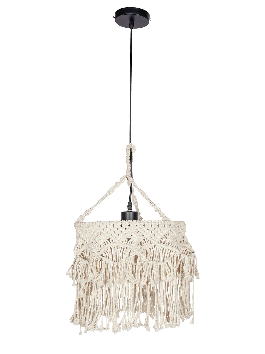 Bohemian Natural White Macrame Drum Pendant Light with Decorative Fringe