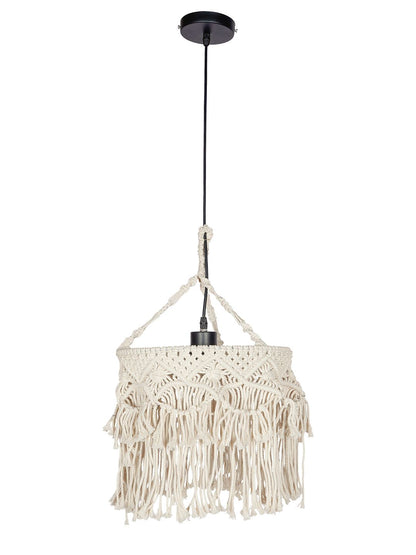 Bohemian Natural White Macrame Drum Pendant Light with Decorative Fringe