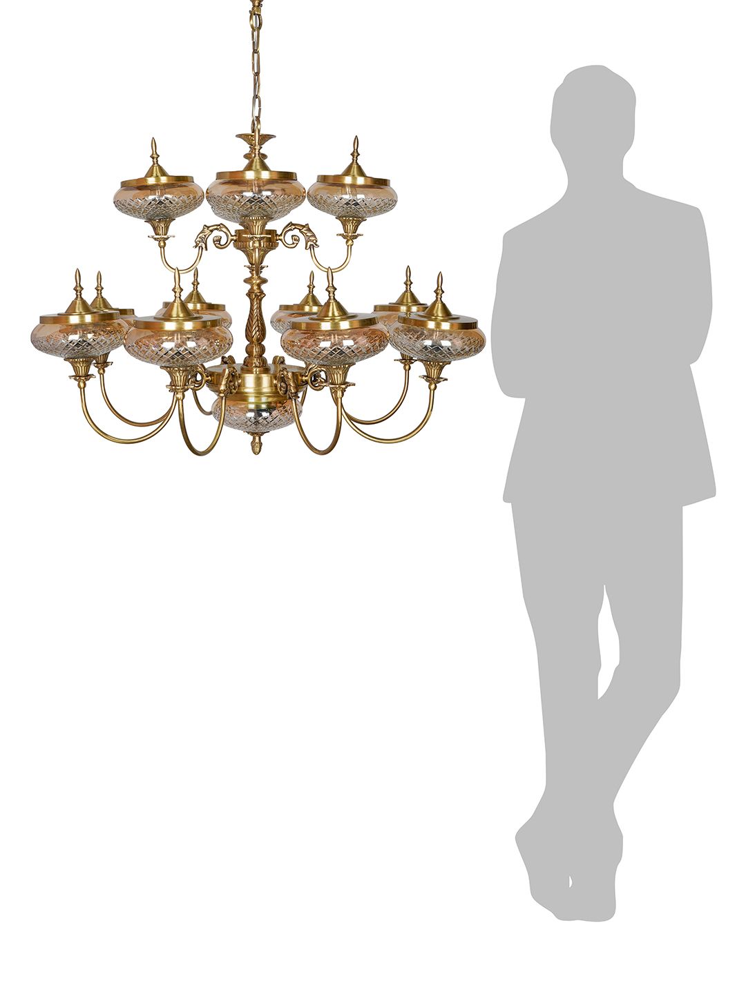 Exquisite Regal Brass 13-Light Chandelier with Golden Luster Cut Glass Shades
