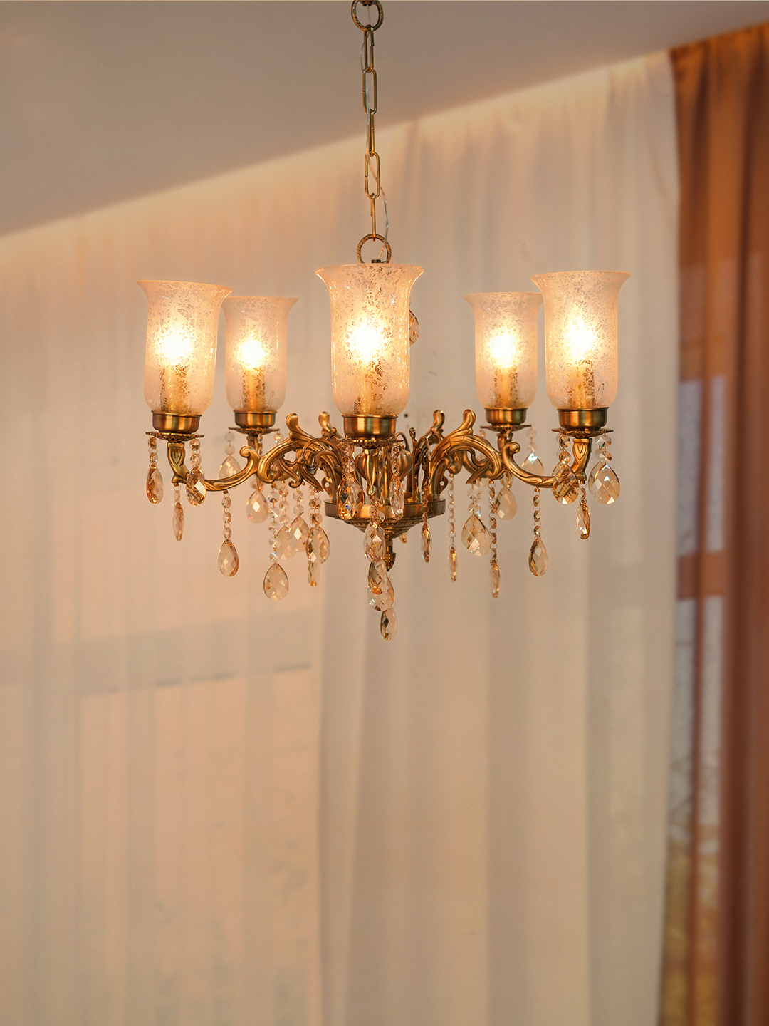 Transitional 5-Lights Cast Brass Chandelier With Floral Etched Glass Shades with lights on