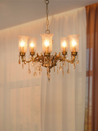 Transitional 5-Lights Cast Brass Chandelier With Floral Etched Glass Shades with lights on
