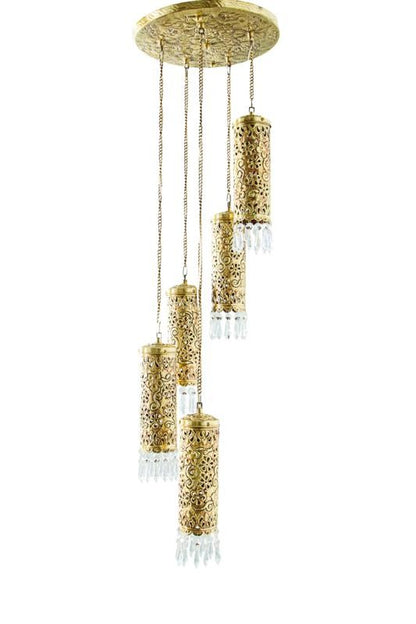 Hand Carved Brass & Crystal Mini Cylinder Set of 5 Hanging Light without background