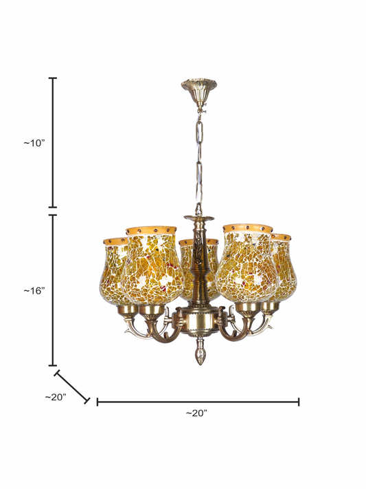 Antique Brass Small 5 Light Chandelier with Yellow Mosaic Glass dimensions