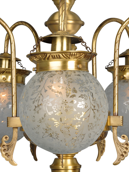 Etched Globes 5 Light Brass Chandelier close up