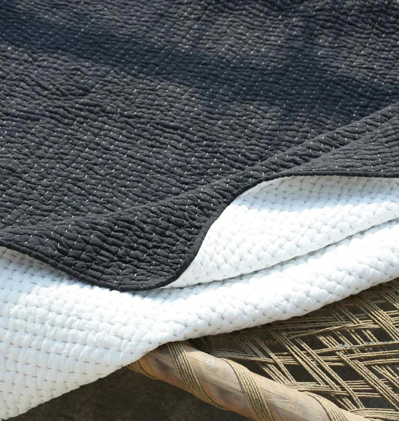 Charcoal grey stonewashed cotton kantha quilt