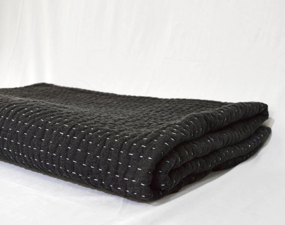 Charcoal quilted Throw blanket, hand quilted and stonewashed, stripe quilting, 100% cotton, 50X60 inches