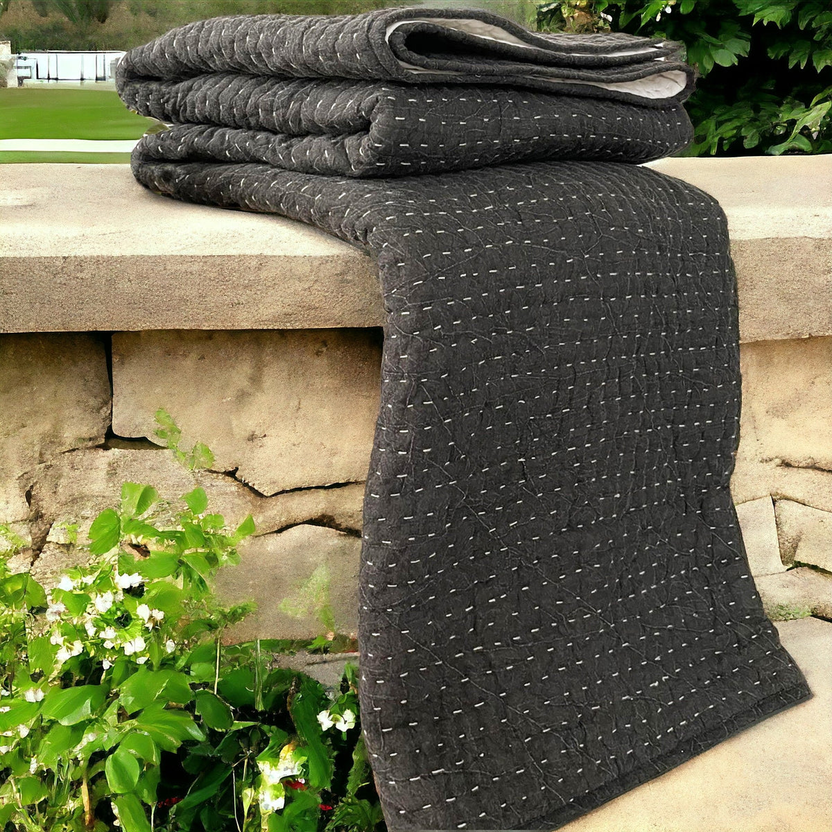 Charcoal Stonewashed Hand-Quilted Cotton Throw Blanket | Kantha-Inspired Stripe Quilting | 50" × 60" | 100% Cotton