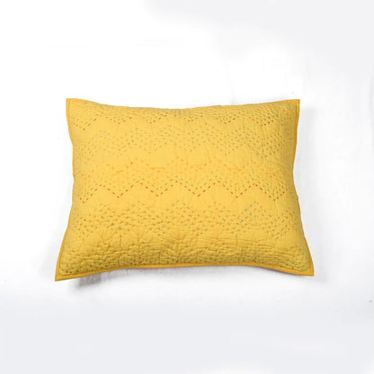 Yellow kantha quilted cotton pillow cover, chevron pattern, sizes available