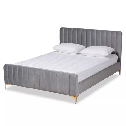 Luxurious Nami Velvet Platform Bed with Gold Legs