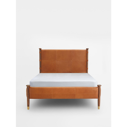 Paolo King Size Leather Acacia Wood Bed with Brass Caps