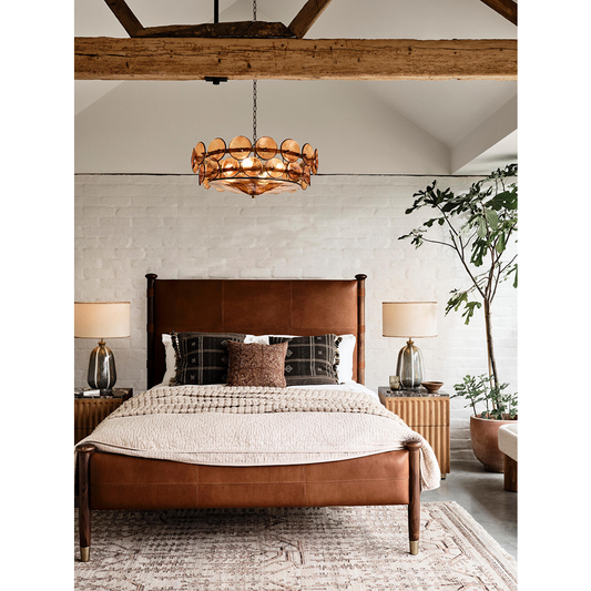 Paolo King Size Leather Acacia Wood Bed with Brass Caps