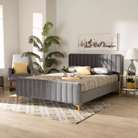 Luxurious Nami Velvet Platform Bed with Gold Legs