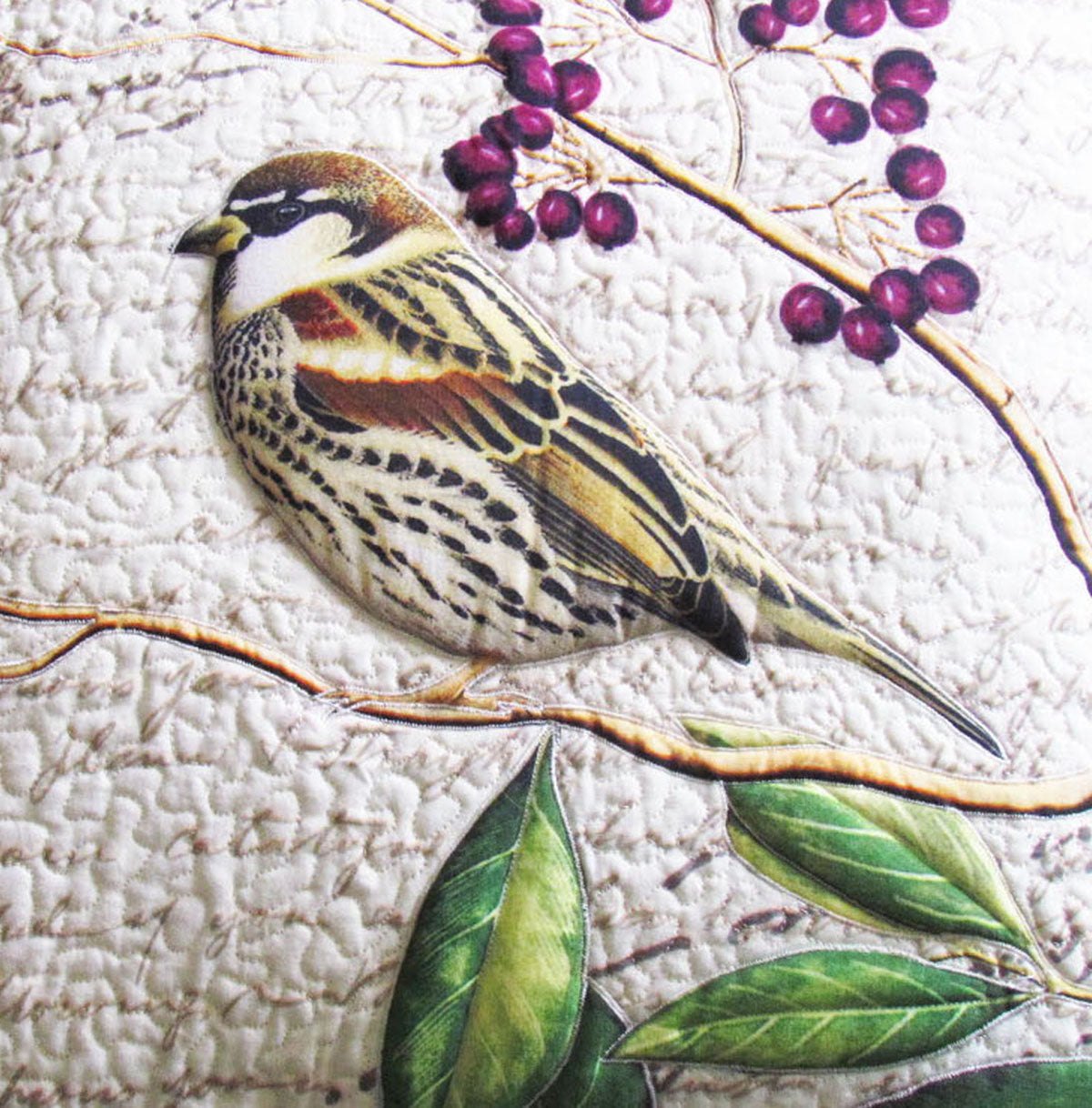 Botanical Sparrow Print Quilted Cushion Cover – White & Brown, 16×16"
