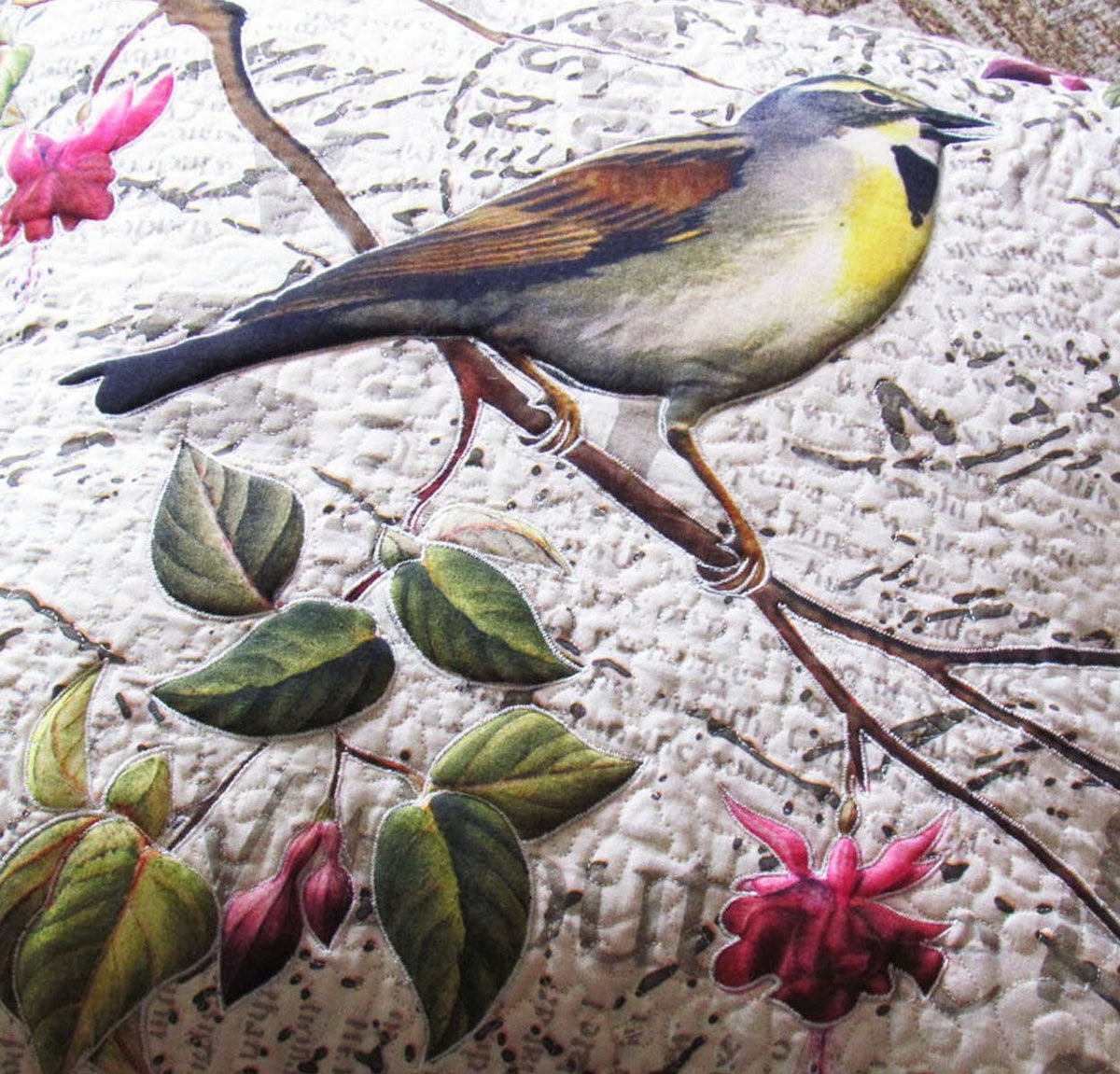 Botanical Sparrow Print Quilted Cushion Cover 16X16 inches