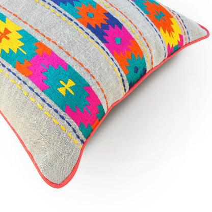 Folk Kilim Embroidered Linen Cushion Cover – Patti Pattern, Boho Ethnic
