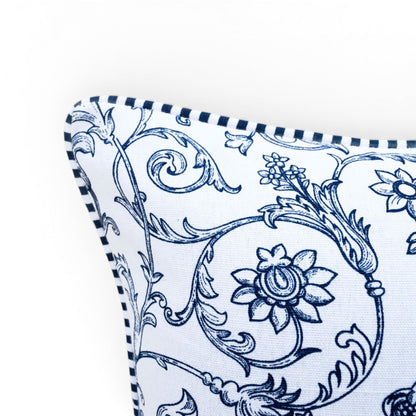 Blue & White Victorian Swirl Print Cotton Cushion Cover | Welted | Zip Closure | 4 Sizes