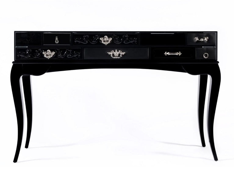Opulent Multi-Drawer Glass Encased Console Table with Elegant Wooden Legs