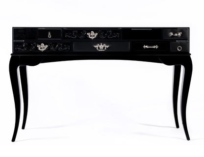 Opulent Multi-Drawer Glass Encased Console Table with Elegant Wooden Legs