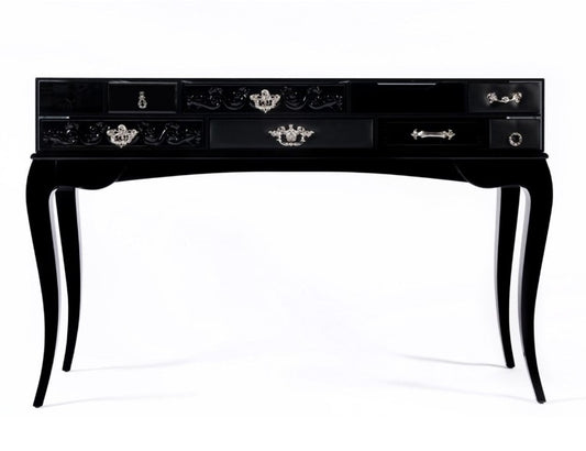 Opulent Multi-Drawer Glass Encased Console Table with Elegant Wooden Legs
