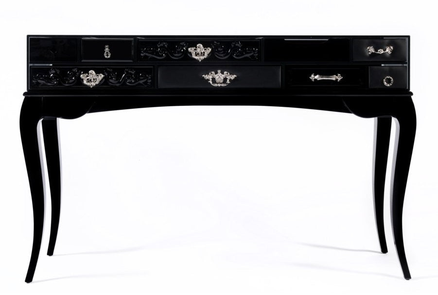 Opulent Multi-Drawer Glass Encased Console Table with Elegant Wooden Legs
