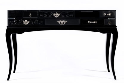Opulent Multi-Drawer Glass Encased Console Table with Elegant Wooden Legs