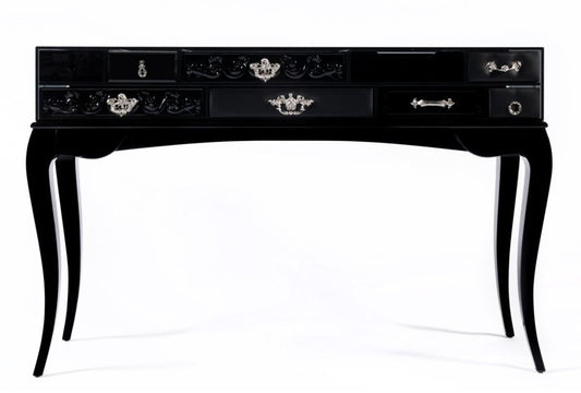 Opulent Multi-Drawer Glass Encased Console Table with Elegant Wooden Legs