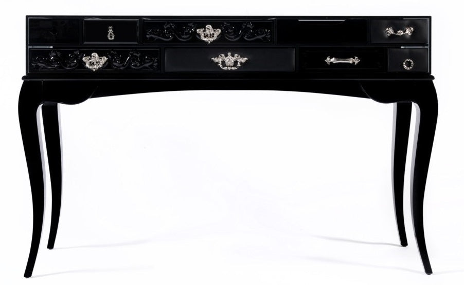 Opulent Multi-Drawer Glass Encased Console Table with Elegant Wooden Legs