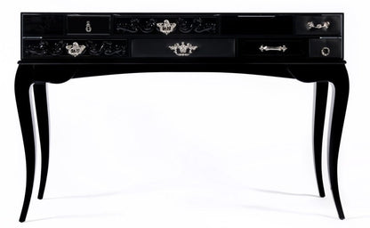 Opulent Multi-Drawer Glass Encased Console Table with Elegant Wooden Legs