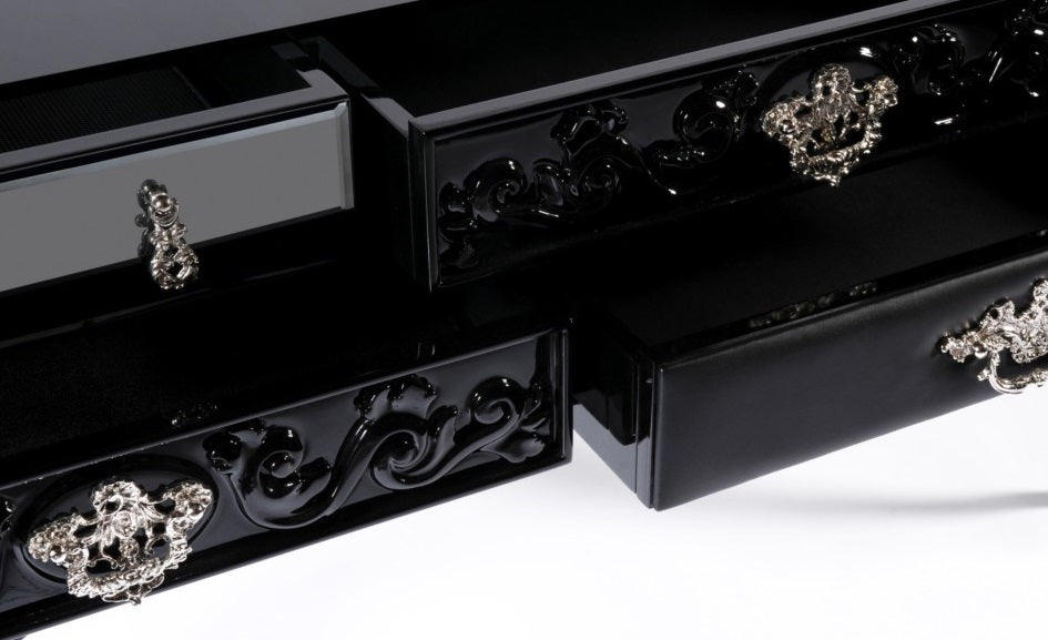 Opulent Multi-Drawer Glass Encased Console Table with Elegant Wooden Legs