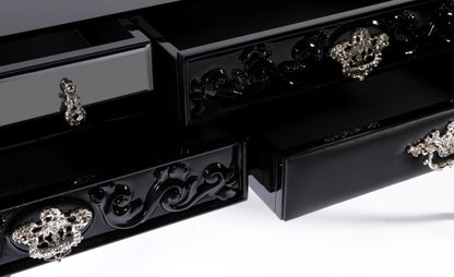 Opulent Multi-Drawer Glass Encased Console Table with Elegant Wooden Legs