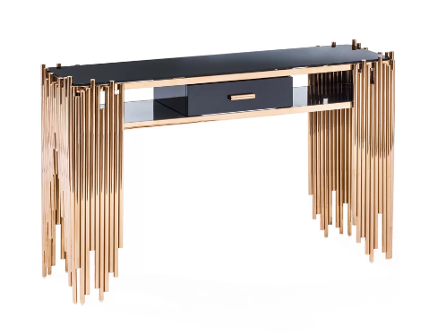 Handcrafted Gold Plated Stainless Steel Industrial Console Table with Black Duco Drawers