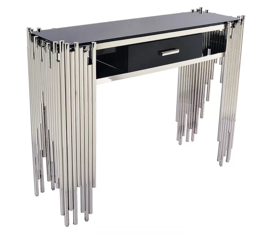 Handcrafted Gold Plated Stainless Steel Industrial Console Table with Black Duco Drawers