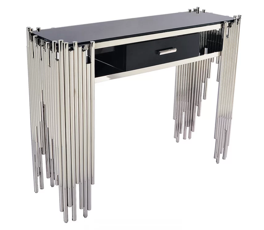 Handcrafted Gold Plated Stainless Steel Industrial Console Table with Black Duco Drawers
