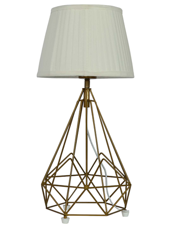 Contemporary Metal Wire Cage Diamond Pyramid Table Lamp with Golden Fabric Shade