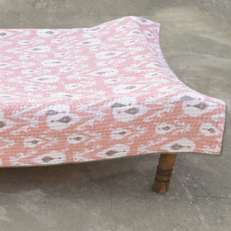 Quilted bedspread, ikat print coral colour cotton quilt, sizes available