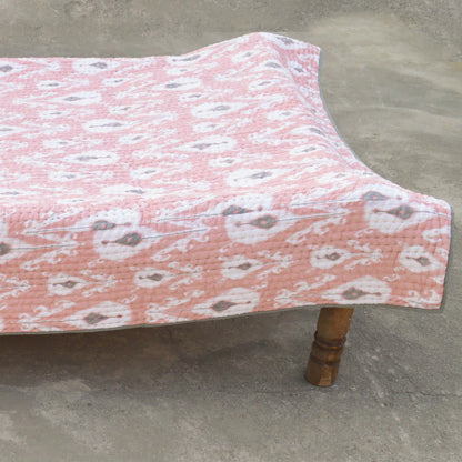 Quilted bedspread, ikat print coral colour cotton quilt, sizes available