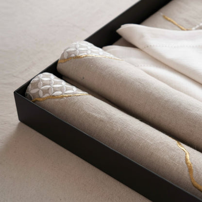 KINTSUGI Table Linen GIFT PACK - Linen and Cotton with Gold Zari and White Silk Embroidery