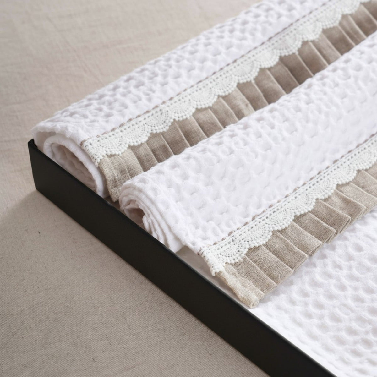 GIFT PACK - Luxury Organic Cotton Waffle Towel Set – 3 Piece | Gathered Linen & Lace Trim