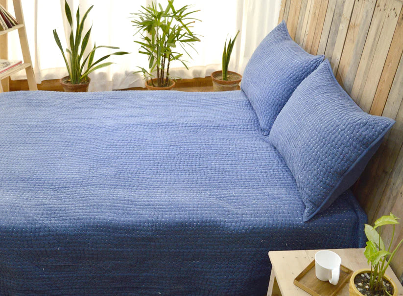 Denim blue stonewashed cotton kantha quilt set, Sizes available