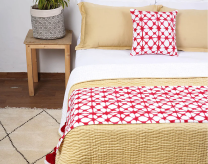 Red printed cotton Bed runner set - King / Queen / Twin Size Bed Runner with Tassel and coordinated Decorative Throw Pillow Cover