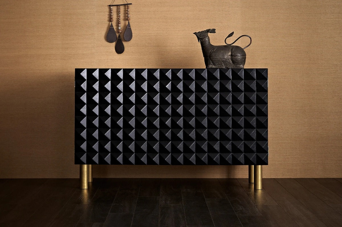 Ford Geometric Studded Black Storage Cabinet with Metal Legs, Adjustable Shelves