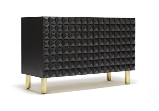 Ford Geometric Studded Black Storage Cabinet with Metal Legs, Adjustable Shelves