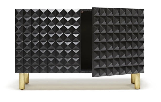 Ford Geometric Studded Black Storage Cabinet with Metal Legs, Adjustable Shelves