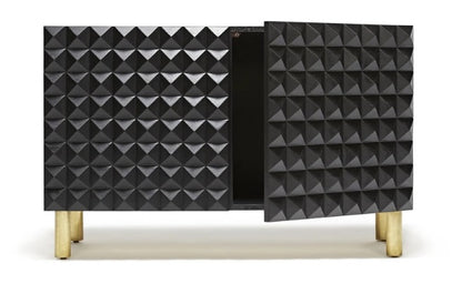 Modern Geometric Studded Accent Cabinet with Metal Legs and Adjustable Shelves