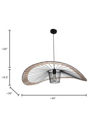 Contemporary 34 Inch Bohemian-Style Cane & Steel Single-Light Ceiling Hanging dimensions
