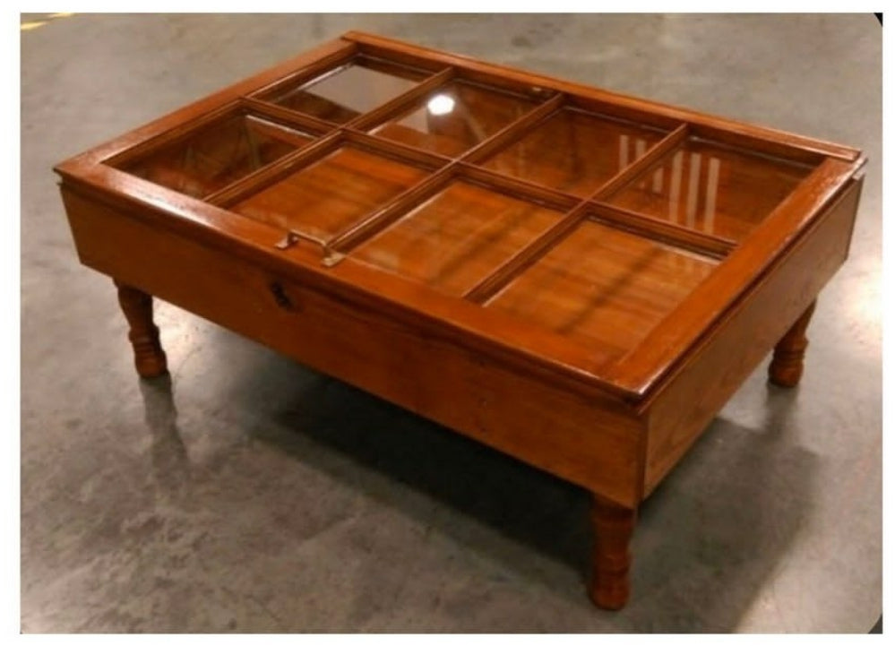 Solid wood coffee table made with reclaimed window pane in honey wood finish