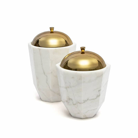 White Marble Facet Canisters Set of Two with Brass Lid